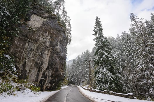 Mountain road in Bicaz Canyon, Romania, at later autumn. Canyon is one of the most spectacular roads in Romania.