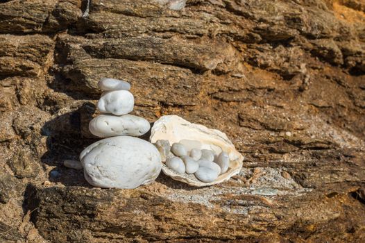 White pebbles and balance stones in the shell on a rock