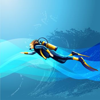 Scuba diver girl on blue sea background 