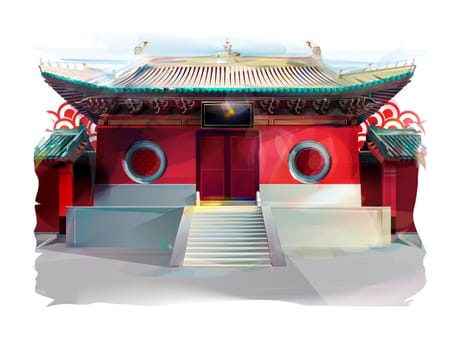 Red chinese temple on white background, watercolor illustration