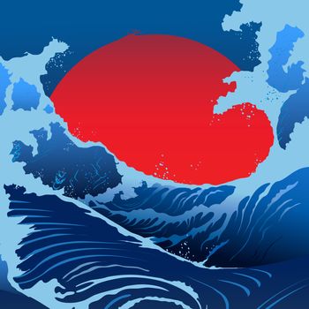 Blue waves and red sun in the Japanese style.