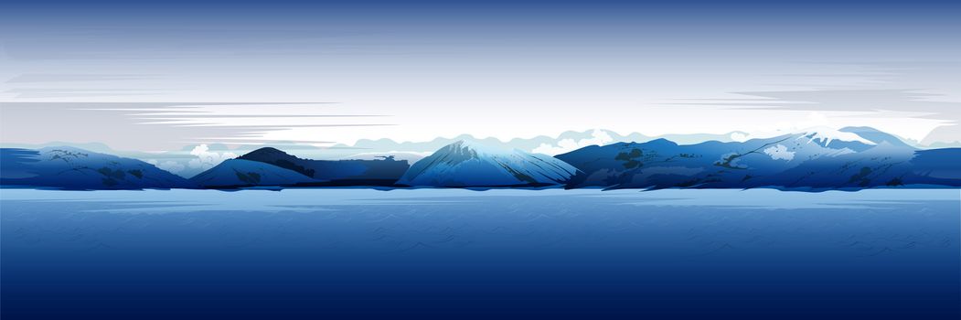 Sea and mountains, blue background in the Japanese style