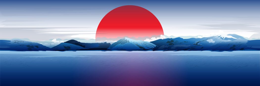 The sea and the mountains, the red sun, blue background in the Japanese style