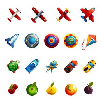 Kids toys and objects icons set.