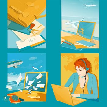 Travel agency illustrations. Four conceptual scene on blue backgroun