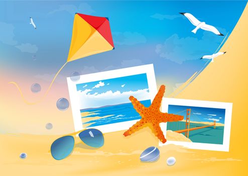 Summer beach background with kite, frames and sunglasses.