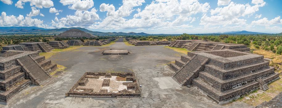 The Plaza of the Moon and the Avenue of the Dead with the Pyramid of the Sun in the distance, seen from the Pyramid of the Moon, at Teotihuacan, Mexico.