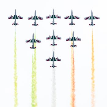 LEEUWARDEN, THE NETHERLANDS-JUNE 10, 2016: Italian aerobatic team Frecce Tricolori (Tricolor arrows) performs a show at the Dutch Airshow on June 10, 2016 at Leeuwarden Airfield, The Netherlands.
