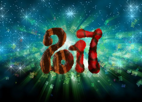 Happy new year 2017 isolated furry numbers on bright bokeh background full of flying digits 3d illustration.