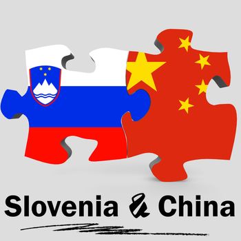 China and Slovenia Flags in puzzle isolated on white background, 3D rendering