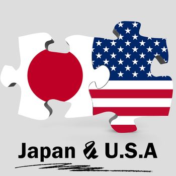 USA and Japan Flags in puzzle isolated on white background, 3D rendering