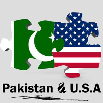USA and Pakistan Flags in puzzle isolated on white background, 3D rendering