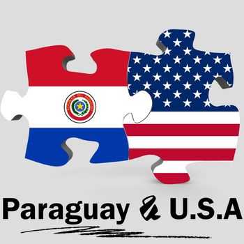 USA and Paraguay Flags in puzzle isolated on white background, 3D rendering