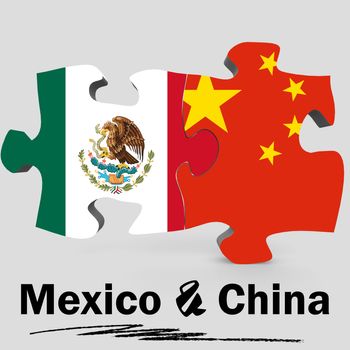 China and Mexico Flags in puzzle isolated on white background, 3D rendering