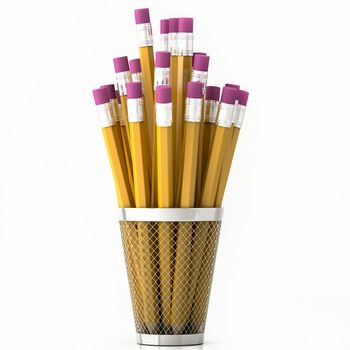 orange pencils in basket isolated on white background 3d illustration