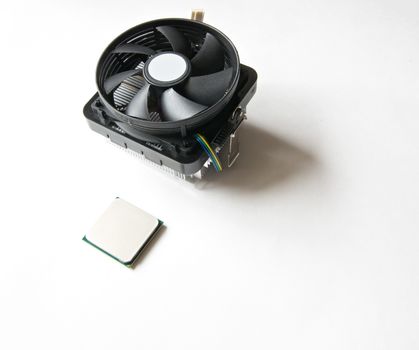 Computer components on a white background. CPU, Cooler