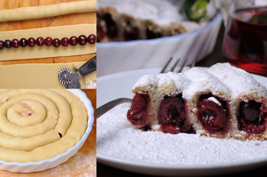 a piece of shortcrust  dough wrapped in the form of snails stuffed with cherries