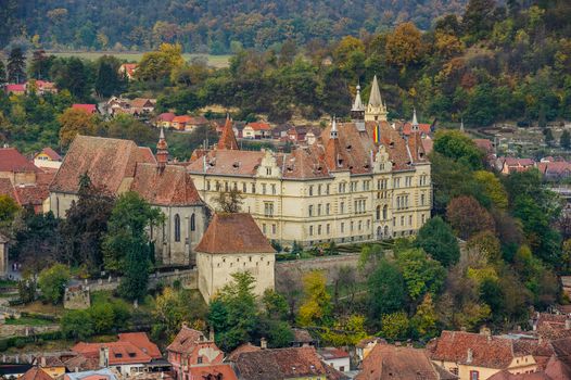 Panoramic view over the cityscape and roof architecture in Sighisoara town, Romania