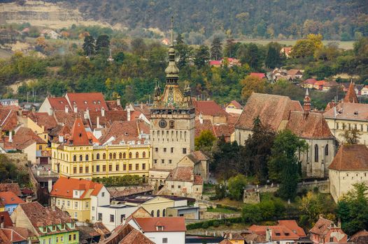 Panoramic view over the cityscape and roof architecture in Sighisoara town, Romania