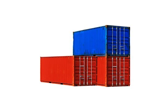 Three different colored sea containers isolated on white background.