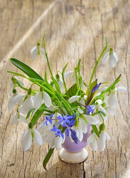 Beautiful bouquet of snowdrops in vase on wooden table