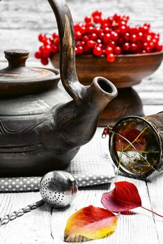 clay kettle with tea with berries on autumn background