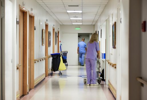 A corridor in a modern hospital with blurred figures of doctor and nurse.