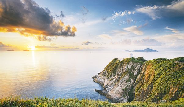 Hong Kong lighthouse during sunrise , Hok Tsui Cape D'Aguilar beautiful landscape