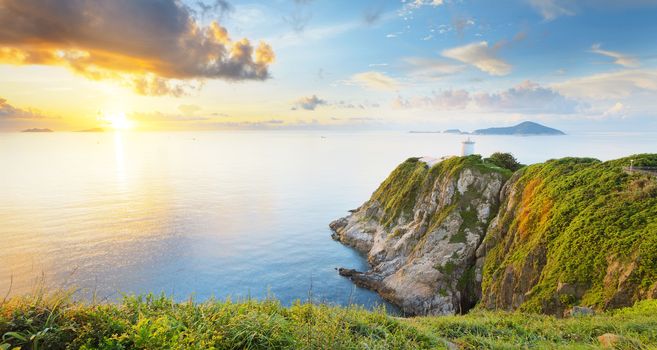 Hong Kong lighthouse during sunrise , Hok Tsui Cape D'Aguilar beautiful landscape