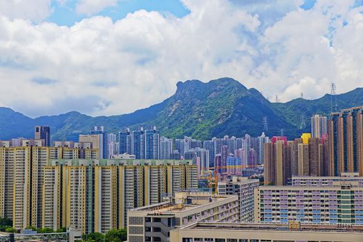 hong kong public estate buildings with landmark lion rock