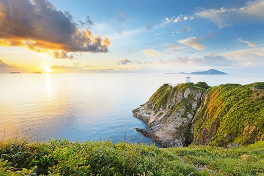 Hong Kong lighthouse during sunrise , Hok Tsui Cape D'Aguilar beautiful landscape