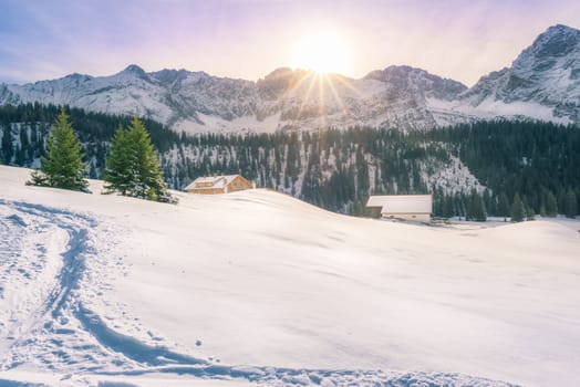 Picturesque winter scenery on a sunny  December day, in Ehrwald, Austria, with the sun warming up the peaks  of the Alps mountains covered in snow and fir trees.