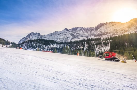 Perfect destination for  a winter vacation, the Austrian Alps with their peaks, fir forests and ski slopes, all covered by snow. Image taken in Ehrwald, Austria.