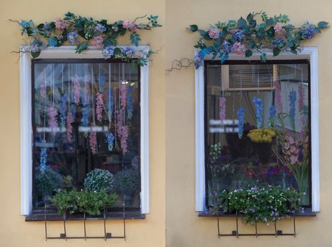 collage of four images, window of flower store