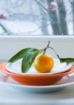 Tangerine with a branch and leaves on a plate against the background of a winter window with the snow