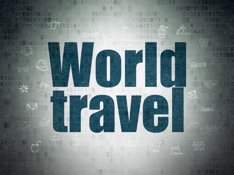 Travel concept: Painted blue text World Travel on Digital Data Paper background with  Hand Drawn Vacation Icons