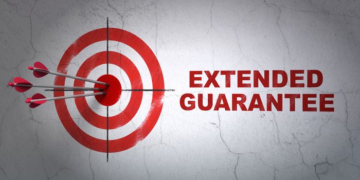 Success Insurance concept: arrows hitting the center of target, Red Extended Guarantee on wall background, 3D rendering