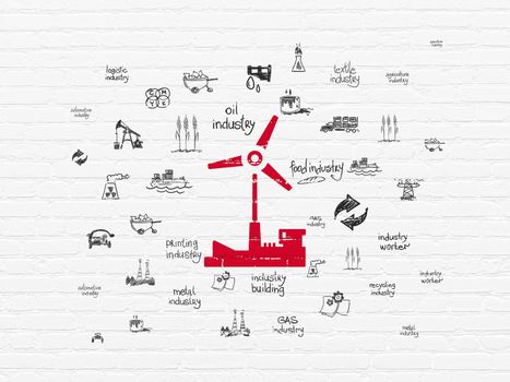 Manufacuring concept: Painted red Windmill icon on White Brick wall background with  Hand Drawn Industry Icons