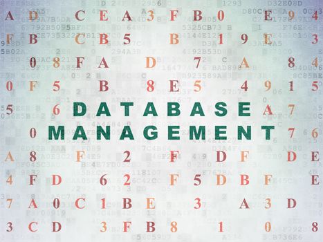 Software concept: Painted green text Database Management on Digital Data Paper background with Hexadecimal Code