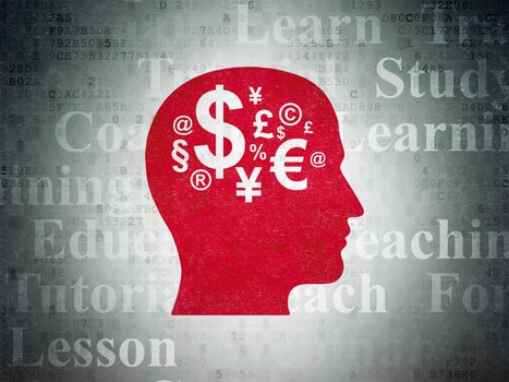 Education concept: Painted red Head With Finance Symbol icon on Digital Data Paper background with  Tag Cloud