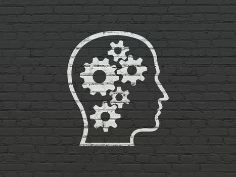 Learning concept: Painted white Head With Gears icon on Black Brick wall background