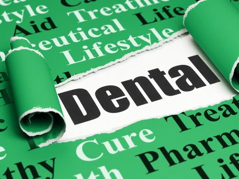 Health concept: black text Dental under the curled piece of Green torn paper with  Tag Cloud, 3D rendering