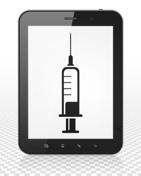 Healthcare concept: Tablet Pc Computer with black Syringe icon on display, 3D rendering