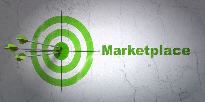 Success advertising concept: arrows hitting the center of target, Green Marketplace on wall background, 3D rendering