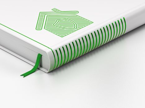 Business concept: closed book with Green Home icon on floor, white background, 3D rendering