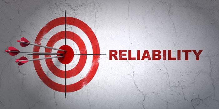 Success business concept: arrows hitting the center of target, Red Reliability on wall background, 3D rendering