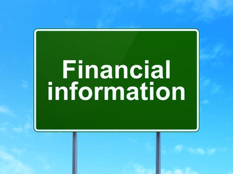 Business concept: Financial Information on green road highway sign, clear blue sky background, 3D rendering