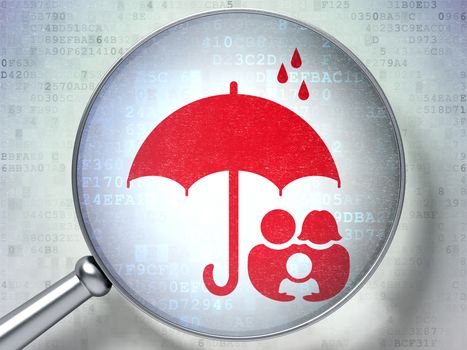 Security concept: magnifying optical glass with Family And Umbrella icon on digital background, 3D rendering