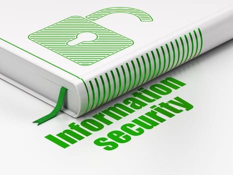 Privacy concept: closed book with Green Opened Padlock icon and text Information Security on floor, white background, 3D rendering
