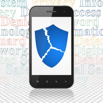 Security concept: Smartphone with  blue Broken Shield icon on display,  Tag Cloud background, 3D rendering